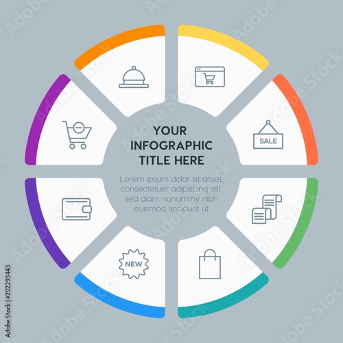 Circle chart hotel, shopping, travel infographic template with 8 options for presentations, advertising, annual reports