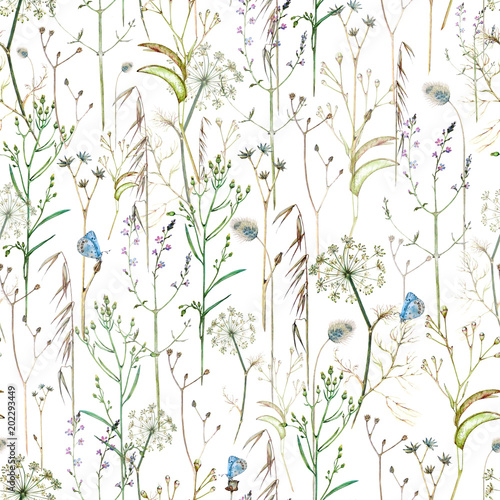 Seamless watercolor pattern with blue butterflies and wildflowers on a white background.