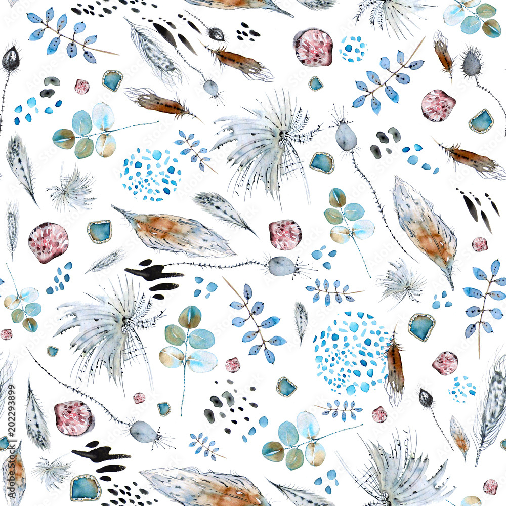 Fototapeta Watercolor abstract seamless pattern with leaves, twigs, seashells, feathers and watercolor stains for application in textiles and various designs.