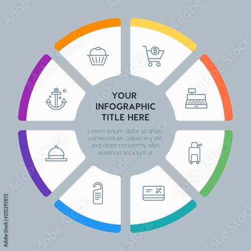 Circle chart hotel, shopping, travel infographic template with 8 options for presentations, advertising, annual reports