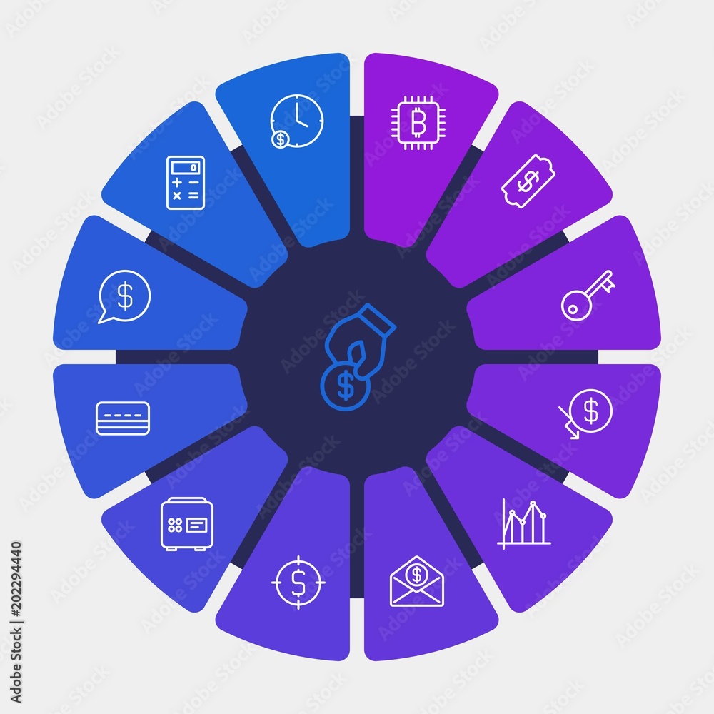 business, money, charts Infographic Circle outline Icons Set. Contains such Icons as ticket, lock, card, bitcoin, pay, success, bank, payment, calculator and more. Fully Editable. Pixel Perfect business, money, charts Infographic Circle outline Icons Set. Contains such Icons as ticket, lock, card, bitcoin, pay, success, bank, payment, calculator and more. Fully Editable. Pixel Perfect