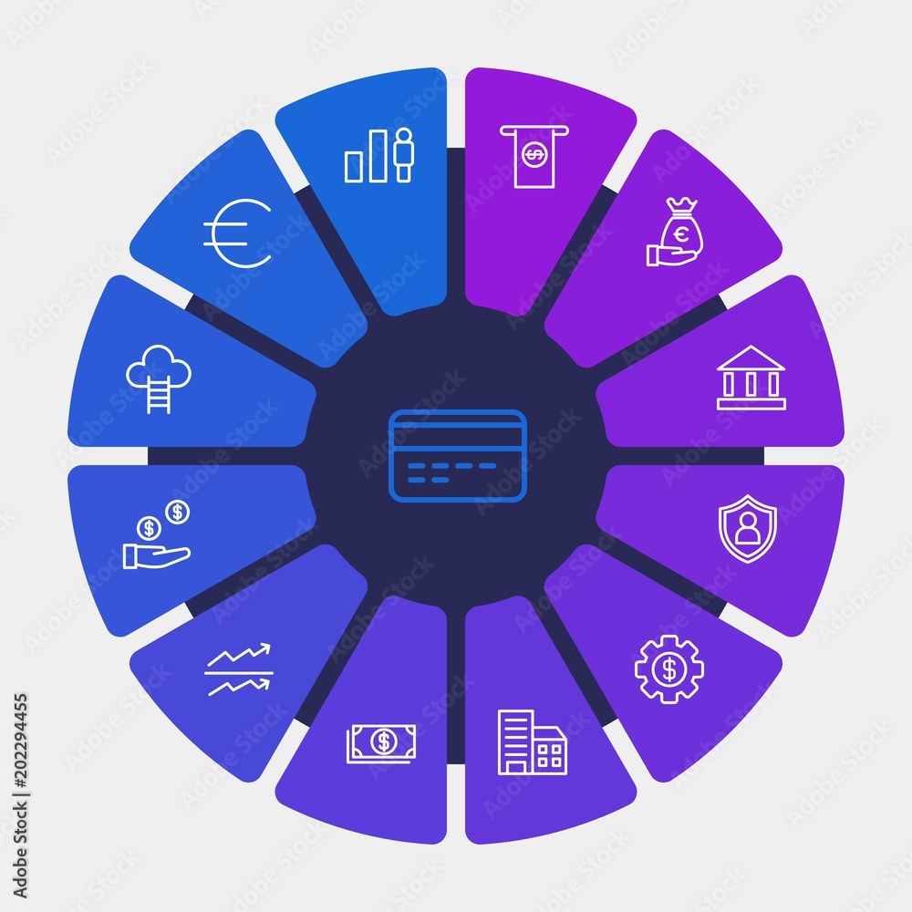Obraz premium business, money, charts Infographic Circle outline Icons Set. Contains such Icons as expert, salary, office, cash, finance, investor, payment, man, high and more. Fully Editable. Pixel Perfect