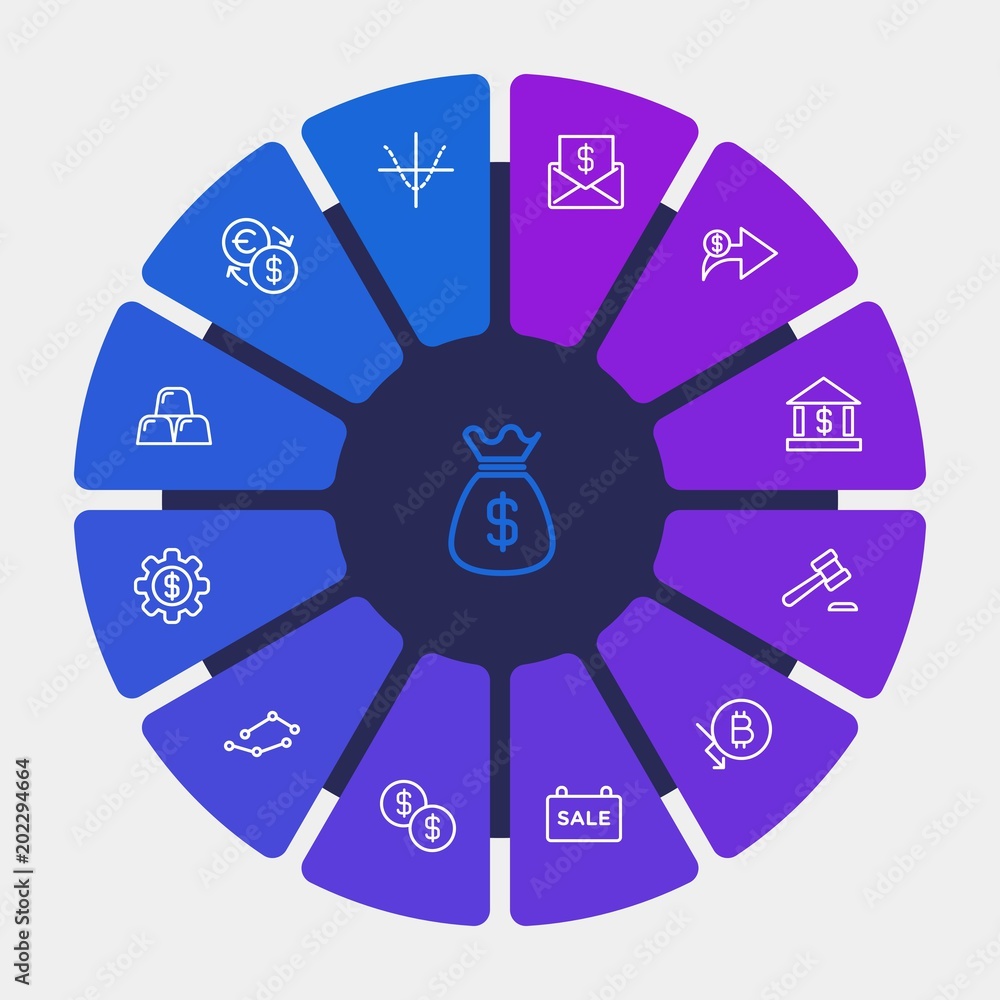 business, money, charts Infographic Circle outline Icons Set. Contains such Icons as dots, network, money, legal, exposure, finance, chart, double, money and more. Fully Editable. Pixel Perfect business, money, charts Infographic Circle outline Icons Set. Contains such Icons as dots, network, money, legal, exposure, finance, chart, double, money and more. Fully Editable. Pixel Perfect
