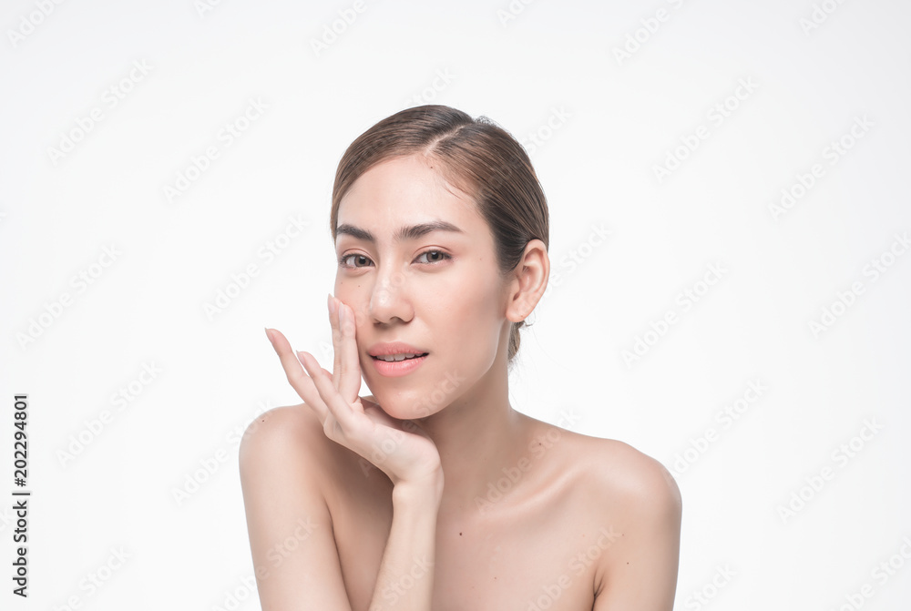 Young beautiful asia woman touching her face isolated on white background concept skincare cosmetic Young beautiful asia woman touching her face isolated on white background concept skincare cosmetic
