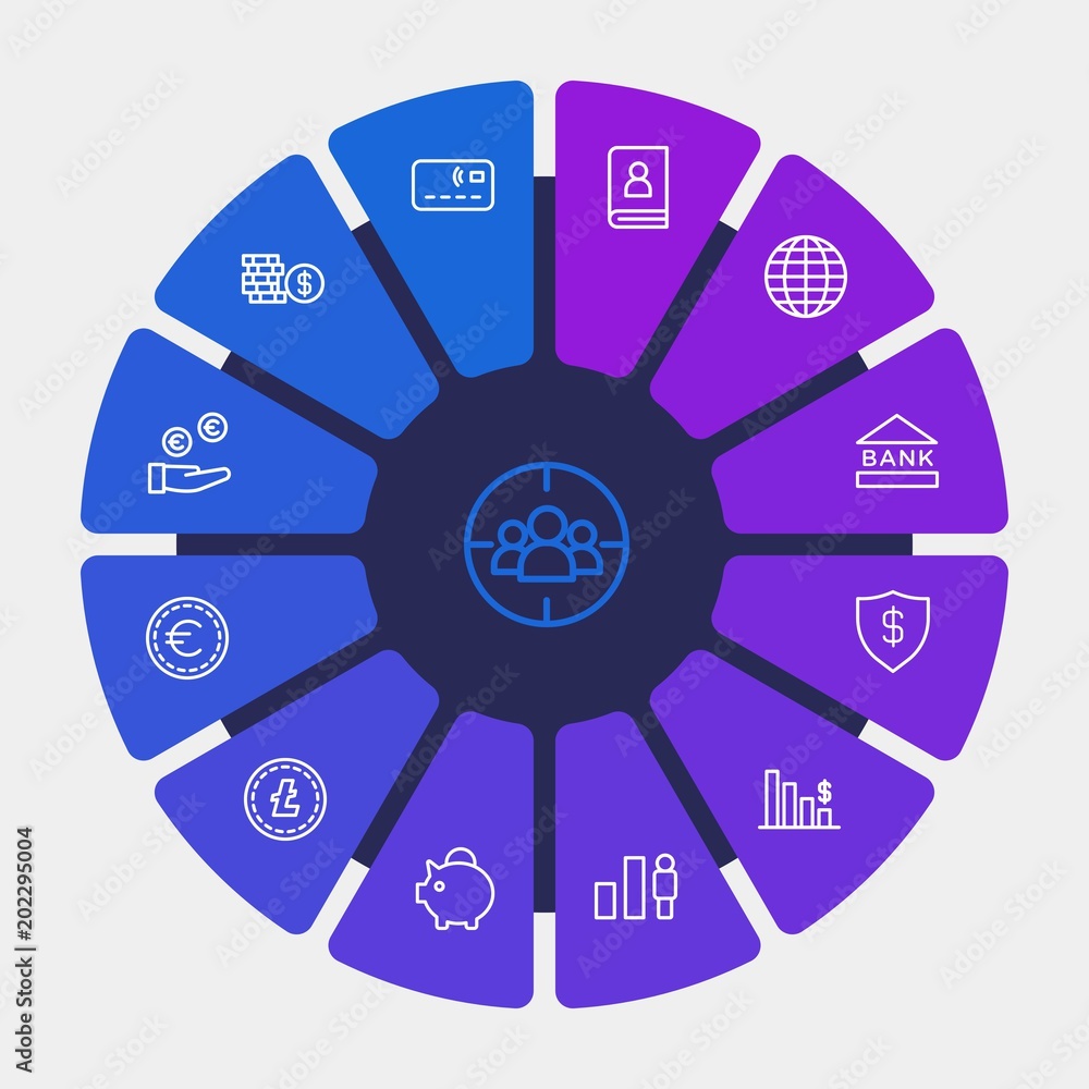 Obraz premium business, money, charts Infographic Circle outline Icons Set. Contains such Icons as bank, financial, cash, bank, expert, graph, bitcoin, credit, piggy, and more. Fully Editable. Pixel Perfect