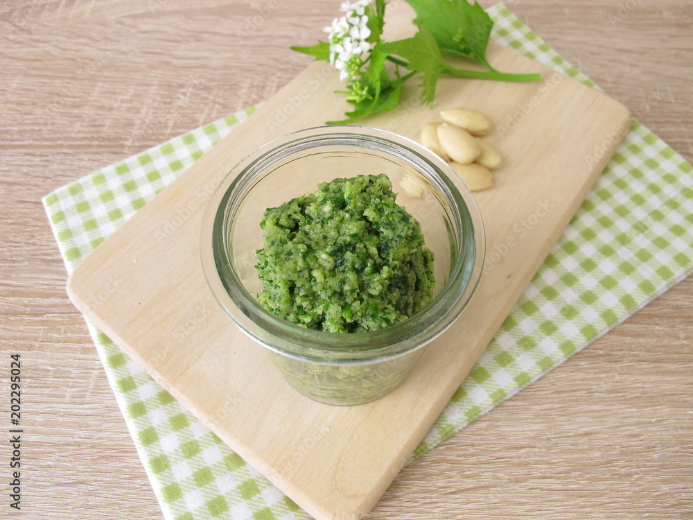 Selbst gemachtes Knoblauchsrauke Wildkräuter Pesto mit Mandeln Selbst gemachtes Knoblauchsrauke Wildkräuter Pesto mit Mandeln
