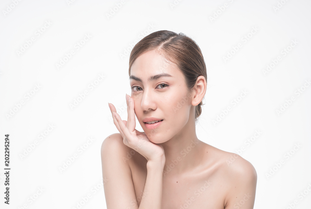 Young beautiful asia woman touching her face isolated on white background concept skincare cosmetic Young beautiful asia woman touching her face isolated on white background concept skincare cosmetic