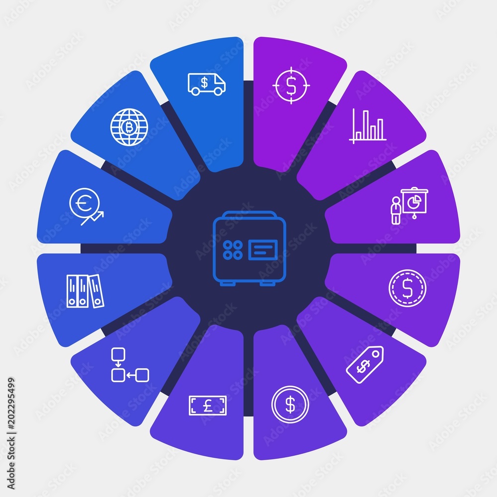 Obraz premium business, money, charts Infographic Circle outline Icons Set. Contains such Icons as bank, success, savings, office, investment, folder, currency, price, and more. Fully Editable. Pixel Perfect