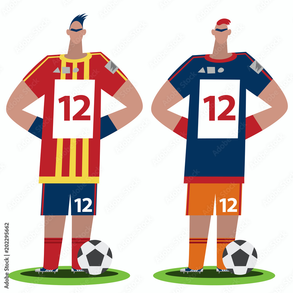 Fototapeta premium Two stylized football or soccer players from different teams stand in sporty uniform with balls. Front face full body view. White background. Cartoon style