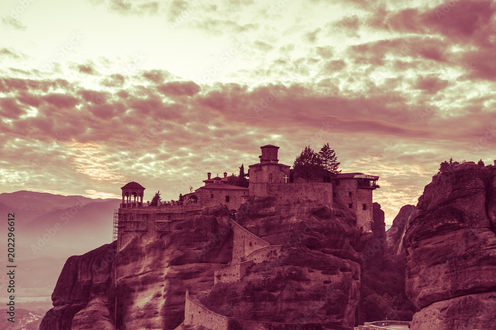 Sunset over Varlaam monastery in Meteora, Greece