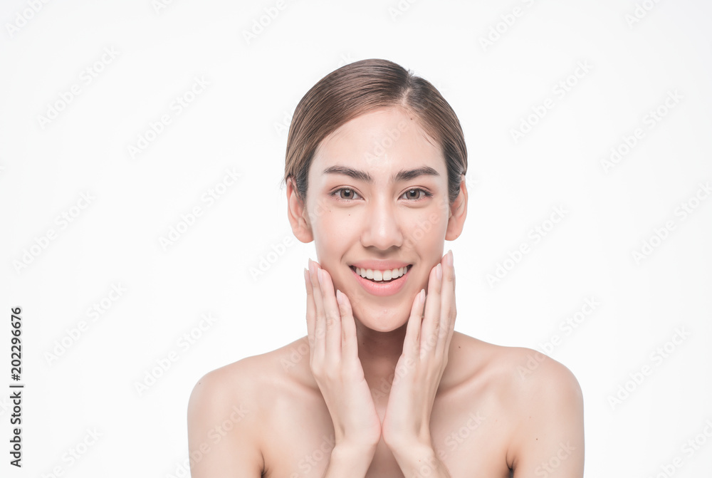 Young beautiful asia woman touching her face isolated on white background concept skincare cosmetic Young beautiful asia woman touching her face isolated on white background concept skincare cosmetic