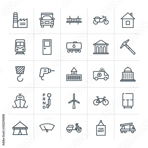 Modern Simple Set of transports, industry, buildings Vector outline Icons. Contains such Icons as glass, vehicle, motorbike, vehicle, bike and more on white background. Fully Editable. Pixel Perfect