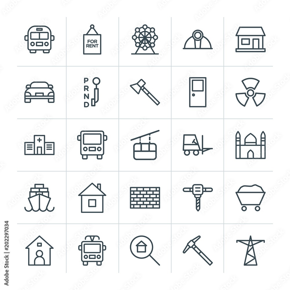 Modern Simple Set of transports, industry, buildings Vector outline Icons. Contains such Icons as  transportation, work,  education,  cable and more on white background. Fully Editable. Pixel Perfect