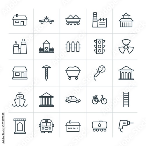 Modern Simple Set of transports, industry, buildings Vector outline Icons. Contains such Icons as container, tank, equipment, fuel, drill and more on white background. Fully Editable. Pixel Perfect