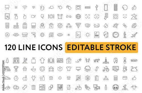  Big Set of Miscellaneous Lifestyle Line Icons. Editable Stroke. Finger Touch, Smartphone, Trade, Courier, Bicycle, Seagull, Happy Face, Cash Machine, Chain Stores, Clothing, Tiger.