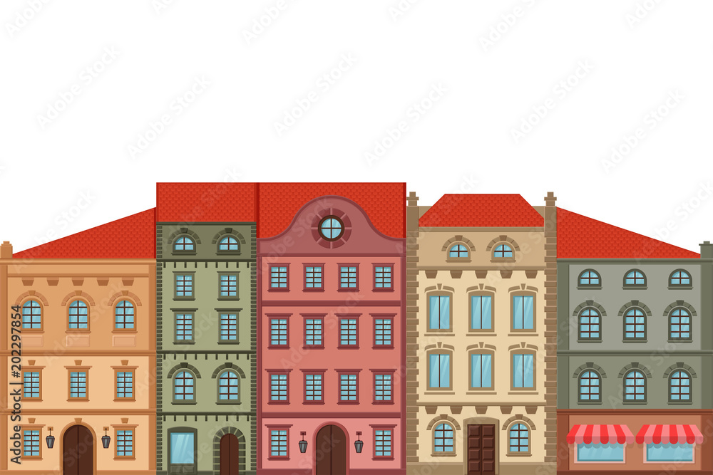 Houses. Old european city street with colored buildings. Flat style