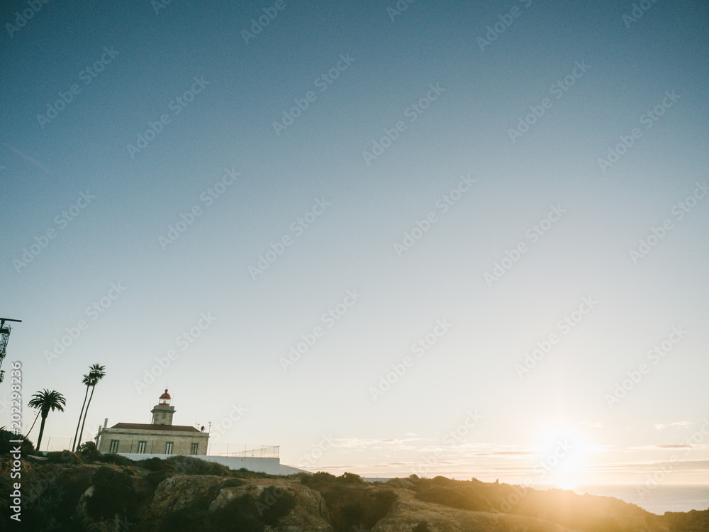 Farol da Ponta da Piedade at Sunrise Panoramic Scenic View of Lighthouse in Lagos at the Algarve, Portugal.