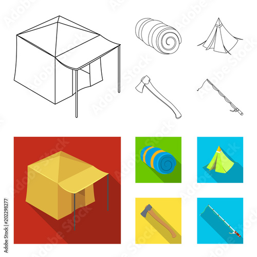 Tent with awning, ax and other accessories.Tent set collection icons in outline,flat style vector symbol stock illustration web.