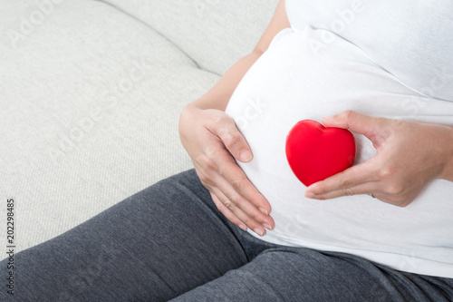 Young and happy pregnant woman holding love red heart in hand in front of her belly.