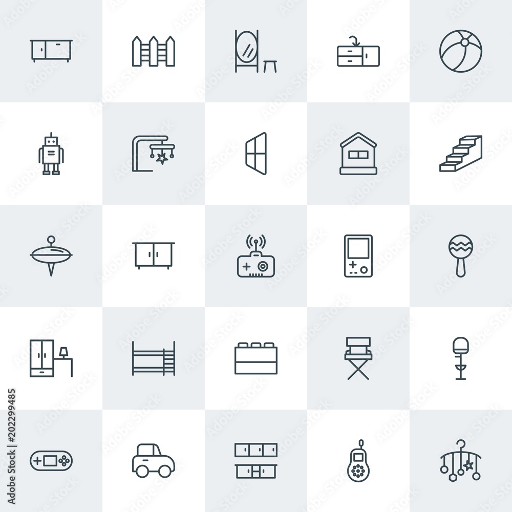 Modern Simple Set of furniture, kids and toys Vector outline Icons. Contains such Icons as  seat,  gaming,  home,  stool,  chair,  wardrobe and more on white background. Fully Editable. Pixel Perfect.