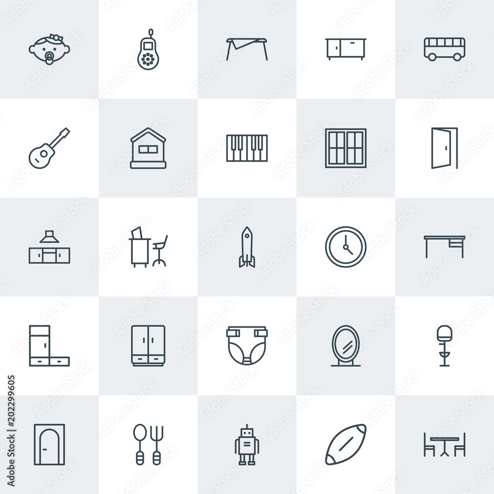 Modern Simple Set of furniture, kids and toys Vector outline Icons. Contains such Icons as  business,  door, spoon,  oval,  rugby,  white and more on white background. Fully Editable. Pixel Perfect.