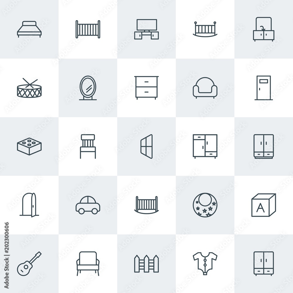 Modern Simple Set of furniture, kids and toys Vector outline Icons. Contains such Icons as  clothes,  chair,  wardrobe,  background,  apron and more on white background. Fully Editable. Pixel Perfect.
