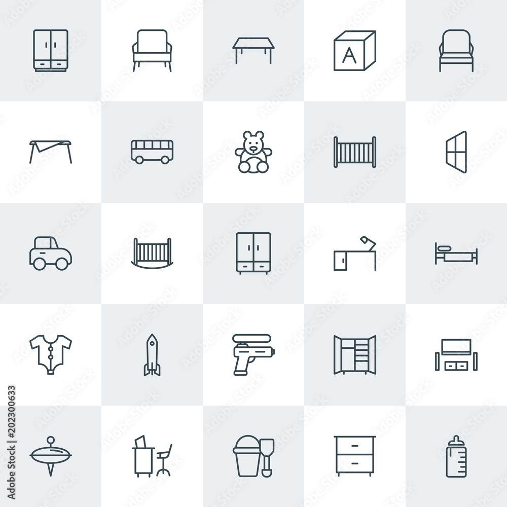 Modern Simple Set of furniture, kids and toys Vector outline Icons. Contains such Icons as  room,  abstract, desk,  care,  furniture,  sand and more on white background. Fully Editable. Pixel Perfect.