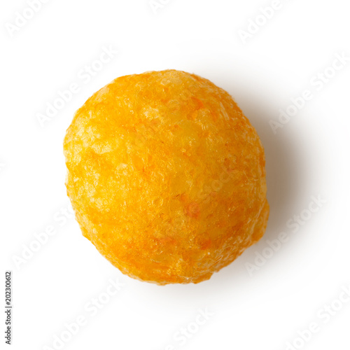 Bild auf Leinwand Single extruded puffed cheese ball isolated on white from above.