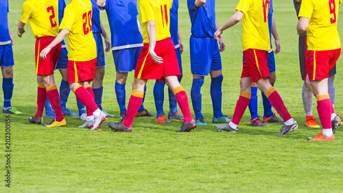 фотографія Two soccer team handshake on field before the football game