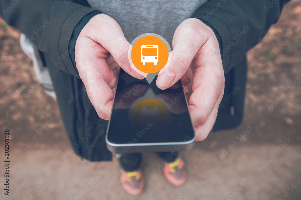 Purchasing electronic bus ticket with smartphone app - obrazy, fototapety, plakaty 