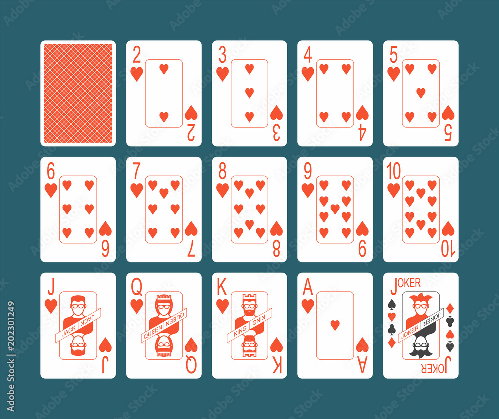 Playing cards of Hearts suit and back on Blue background Playing cards of Hearts suit and back on Blue background