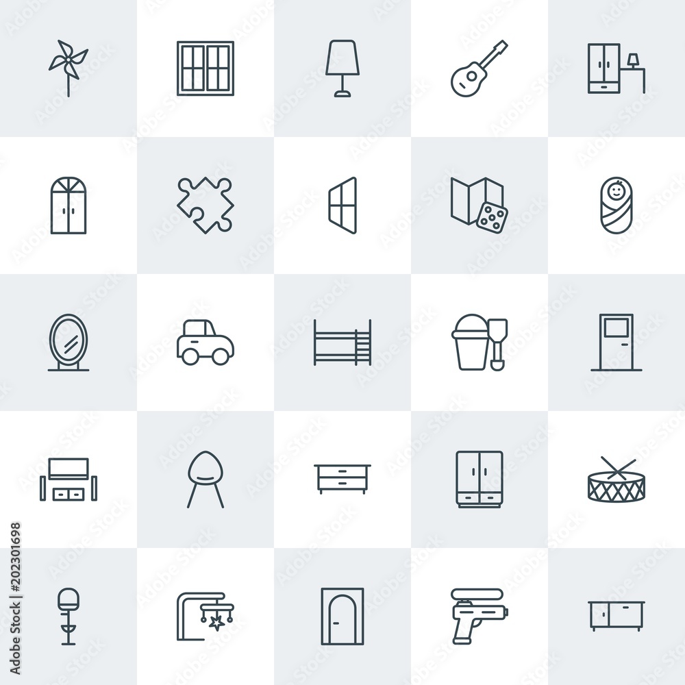 Modern Simple Set of furniture, kids and toys Vector outline Icons. Contains such Icons as guitar,  architecture,  instrument,  musical,  and more on white background. Fully Editable. Pixel Perfect.