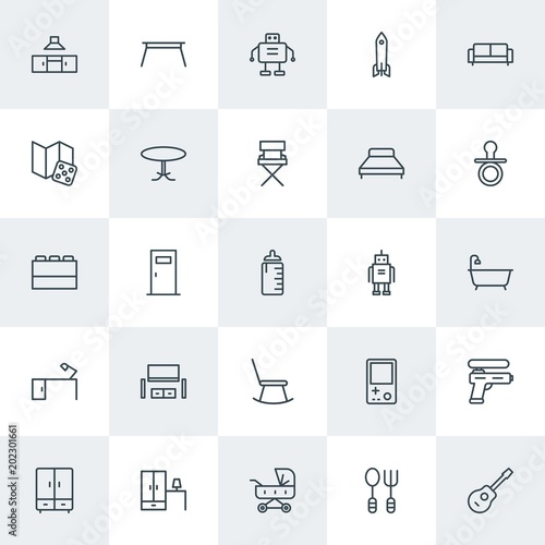 Modern Simple Set of furniture, kids and toys Vector outline Icons. Contains such Icons as room, couch, trolley, musical, restaurant, and more on white background. Fully Editable. Pixel Perfect.