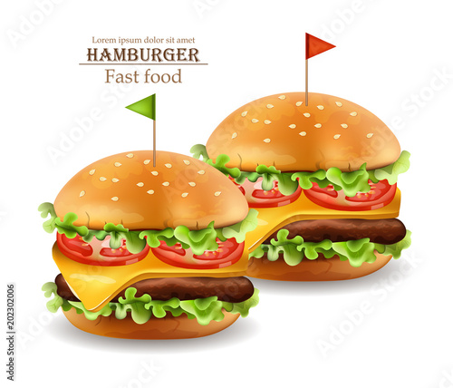 Hamburgers Vector realistic. Cheese and tomatoes. 3d Detailed illustrations