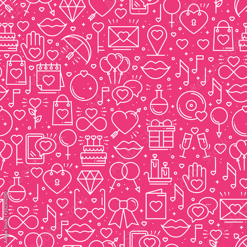 Seamless pattern with love symbols in line style. Valentines day. Love heart couple relationship dating wedding romantic amour theme. Vector illustration. Background.