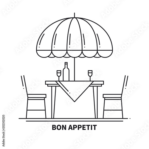 Restaurant Cafe Thin Line Icon. Table and Chair Outside. Bon Appetit. Outdoors. Street Cafe Restaurant Sign. Food Service. Patio Furniture Symbol.