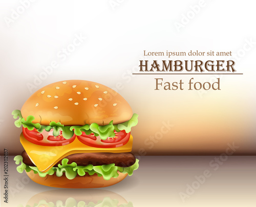 Hamburger Vector realistic. Cheese and tomatoes. 3d Detailed illustrations