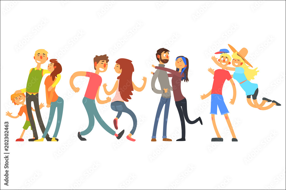 Happy life moments family with kid, dancing and hugging couples. Young people having fun together. Parents with child. Flat vector design