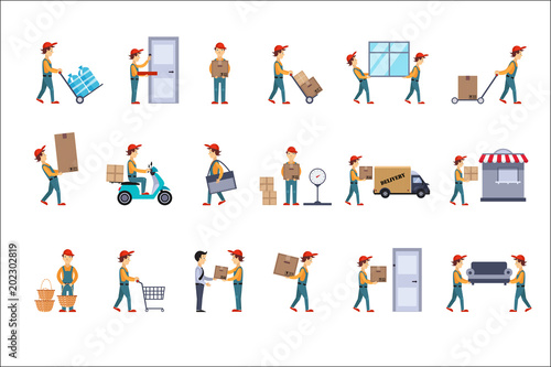 Flat vector set of illustrations for delivery concept. Loaders with parcels, man carrying cardboard boxes, guy on scooter, courier and customer