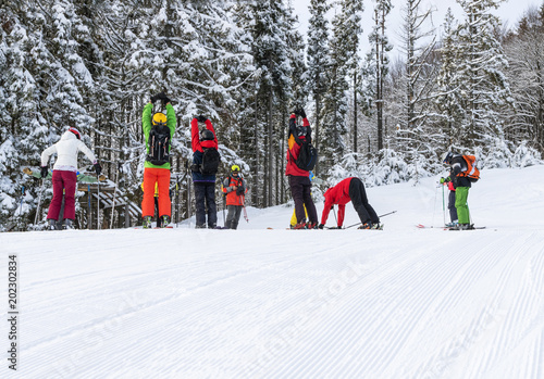 A group of skiers with their instructor warms up on ski slope in sunny day