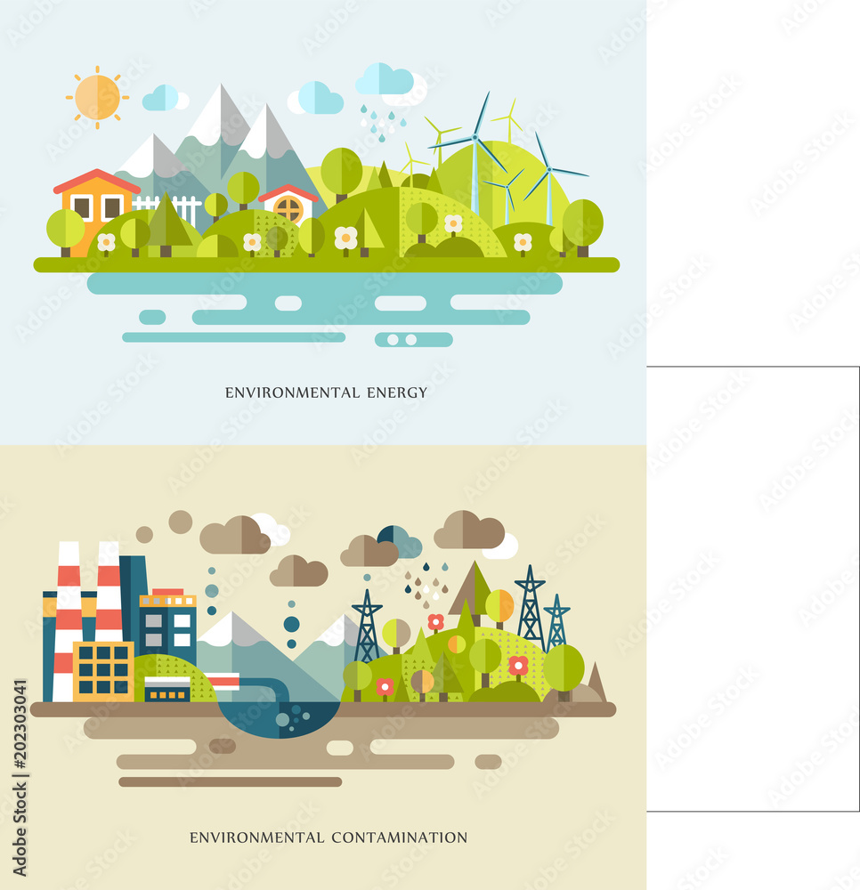 Flat vector banners with countrysides showing eco energy and environmental contamination. Alternative source of power. Nature pollution