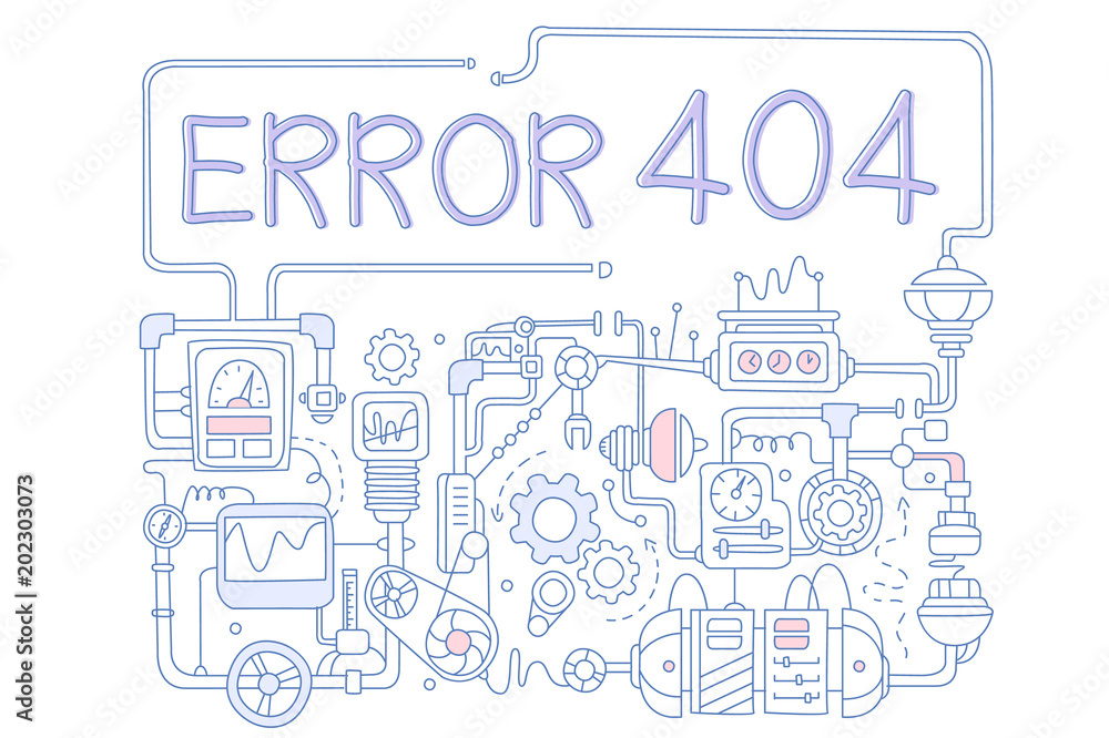 Concept of error 404. Colored vector background for not found page with pipes, working mechanisms, details, screens, valves and rotating gears
