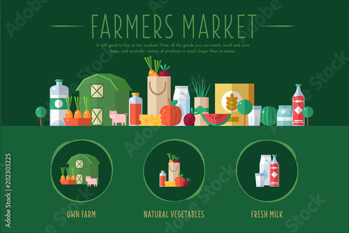 Farmers market banner with fresh farm goods and place for text. Flat vector round icons for grocery shop, website, mobile app