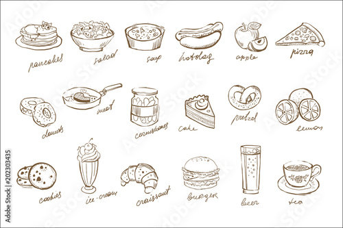 Vector set of food and drinks elements with inscriptions. Doodle icons. Desserts, sweet pastries, fastfood, fruits, cucumbers, meat, salad, soup