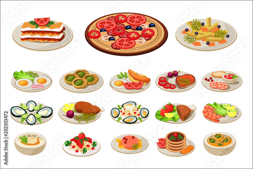 Set of various dishes on plates. Tasty food. Traditional breakfast. European lunch. Flat vector design for promo poster, cafe or restaurant menu