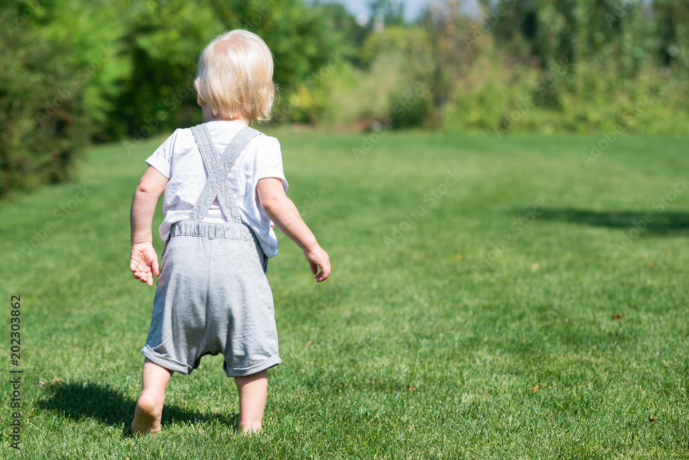 little boy runs along the green grass. little boy runs along the green grass.