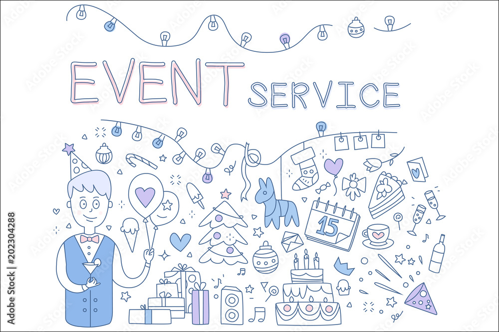 Creative line illustration for event service business. Holiday icons man, balloons, Christmas tree, Birthday cake, garland, gifts. Vector design