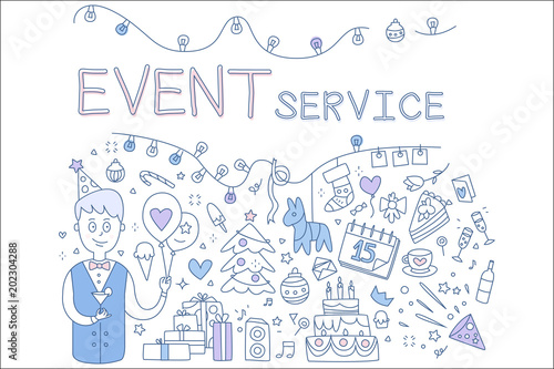 Creative line illustration for event service business. Holiday icons man, balloons, Christmas tree, Birthday cake, garland, gifts. Vector design © topvectors