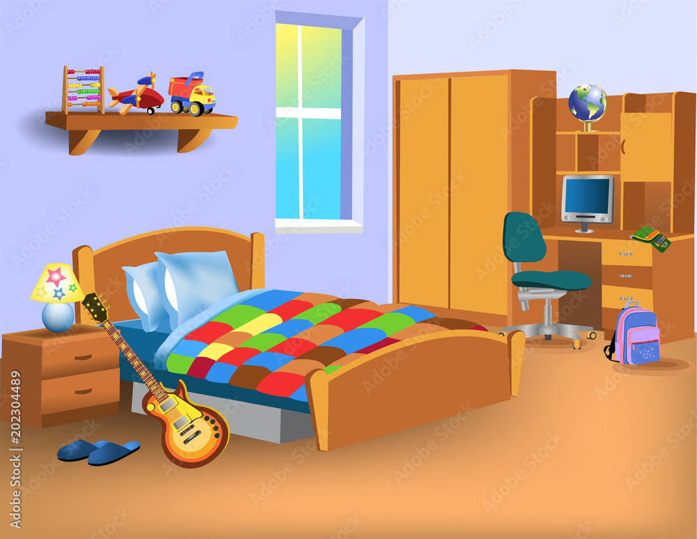 cartoon child bedroom with computer on desk, toys and electric guitar cartoon child bedroom with computer on desk, toys and electric guitar