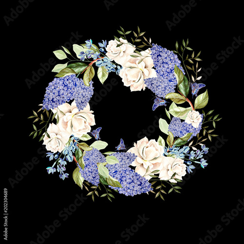 Beautiful, bright watercolor wreath with roses  and lilac.